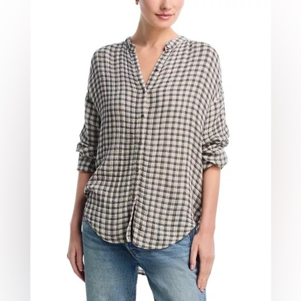 NWT XS Bella Dahl Plaid Shirred Mandarin Collar Shirt Ivory Check Oversized